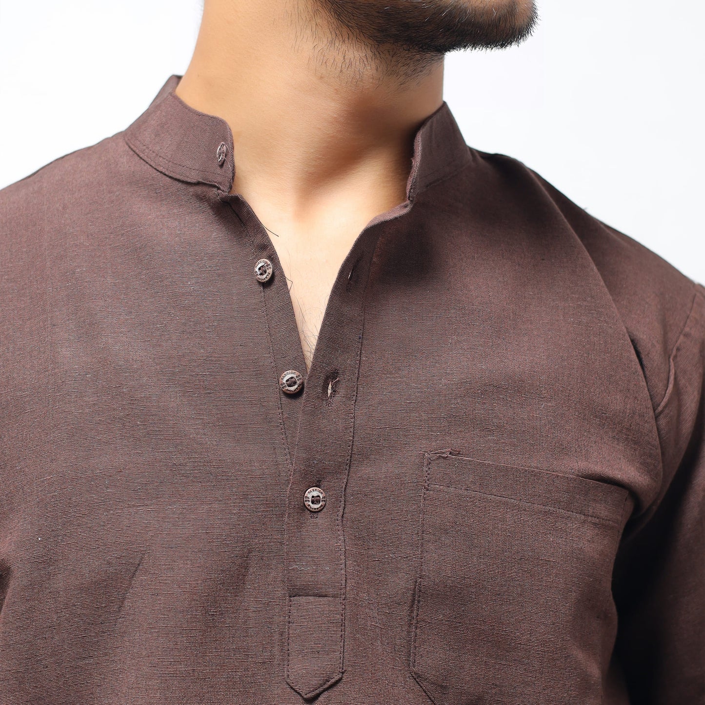 Brown Solid Full Sleeves Khadi Cotton Short Kurta close-up of mandarin collar and buttons