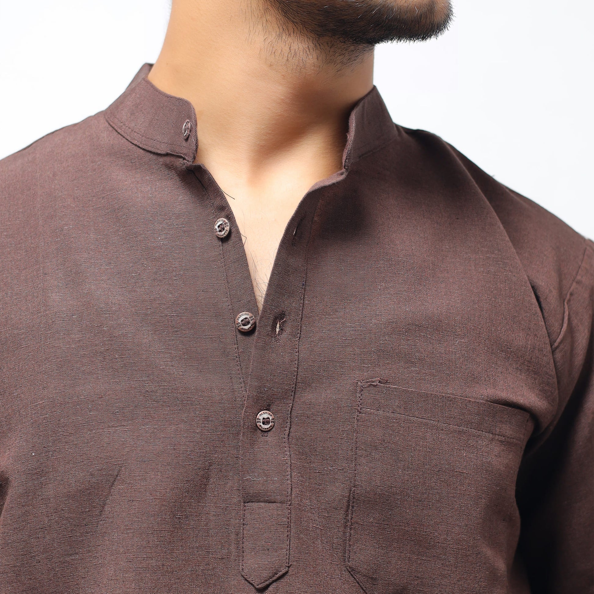 Brown Solid Full Sleeves Khadi Cotton Short Kurta close-up of mandarin collar and buttons