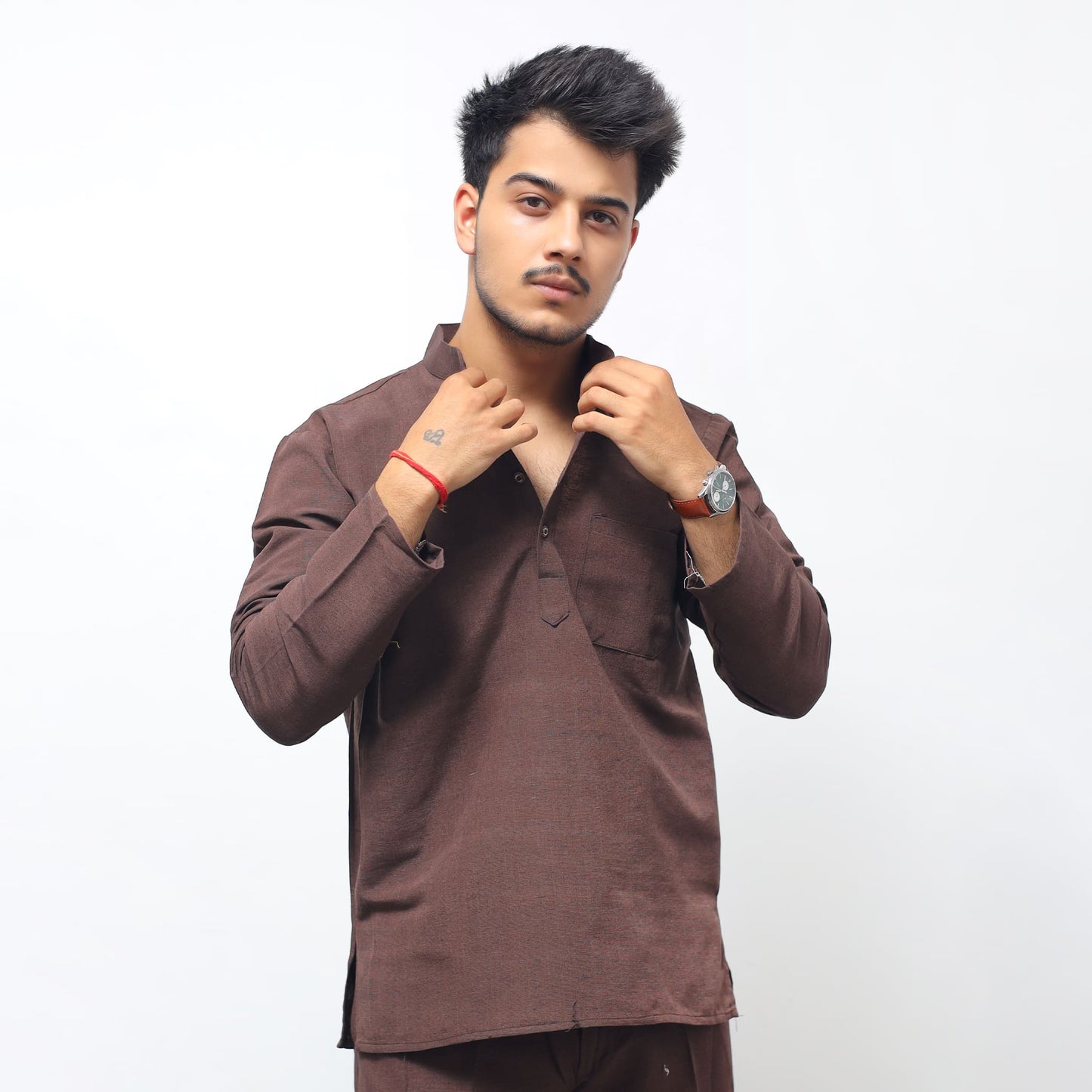 Brown Solid Full Sleeves Khadi Cotton Short Kurta front pose with hands on collar