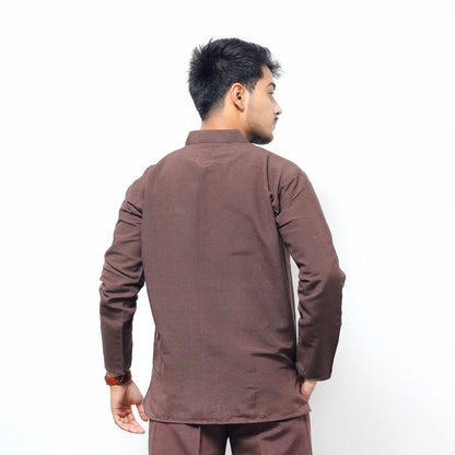 Brown Solid Full Sleeves Khadi Cotton Short Kurta back view showcasing clean silhouette