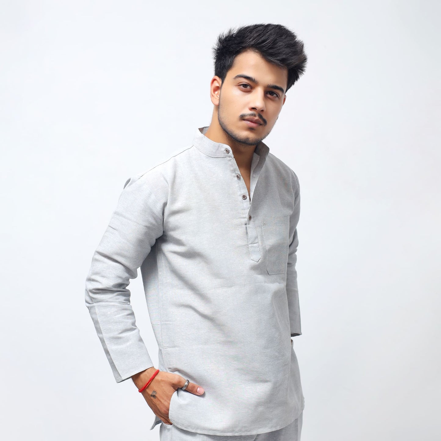 Grey Solid Full Sleeves Khadi Cotton Short Kurta with mandarin collar and relaxed fit