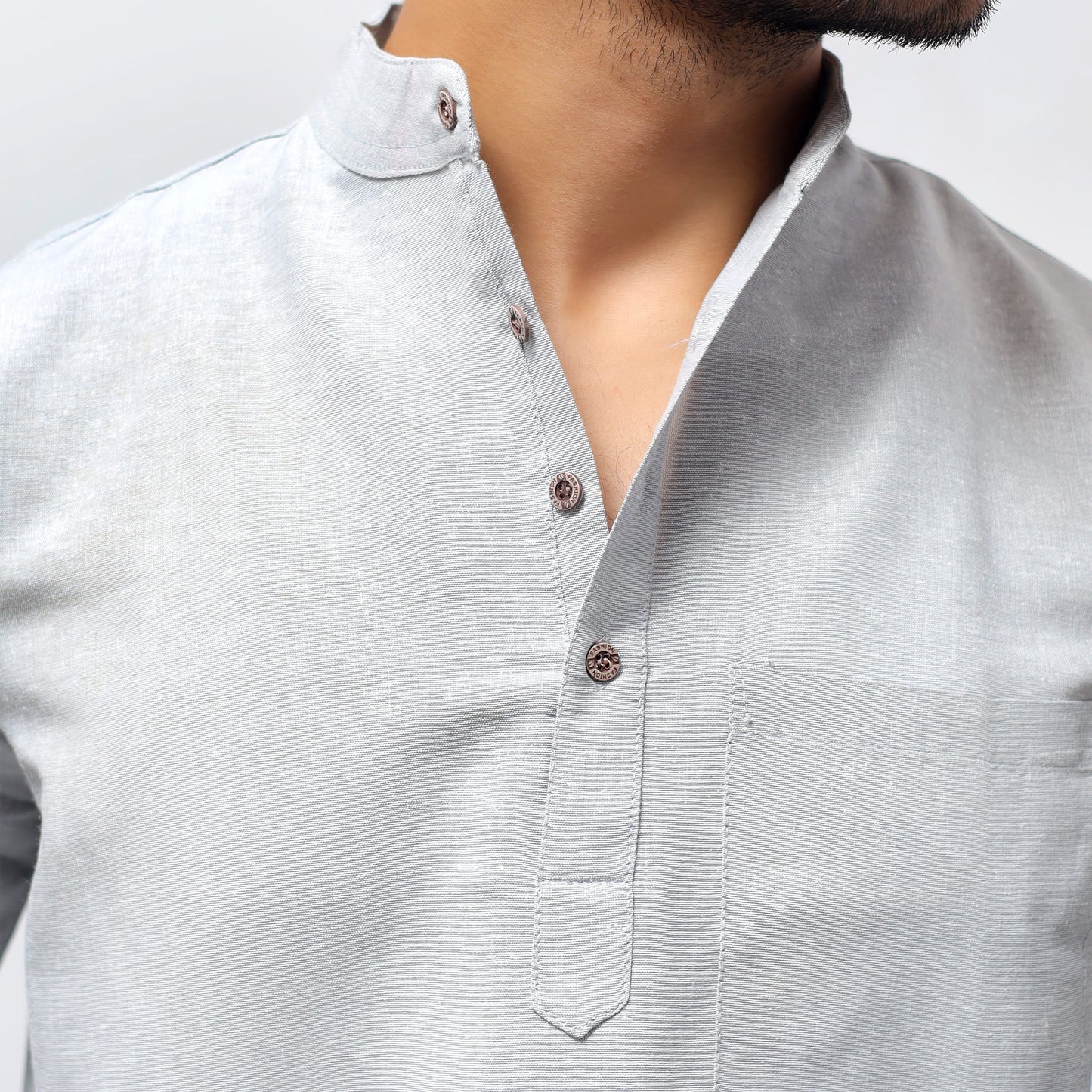 Grey Solid Full Sleeves Khadi Cotton Short Kurta close-up showing textured khadi fabric and wooden buttons