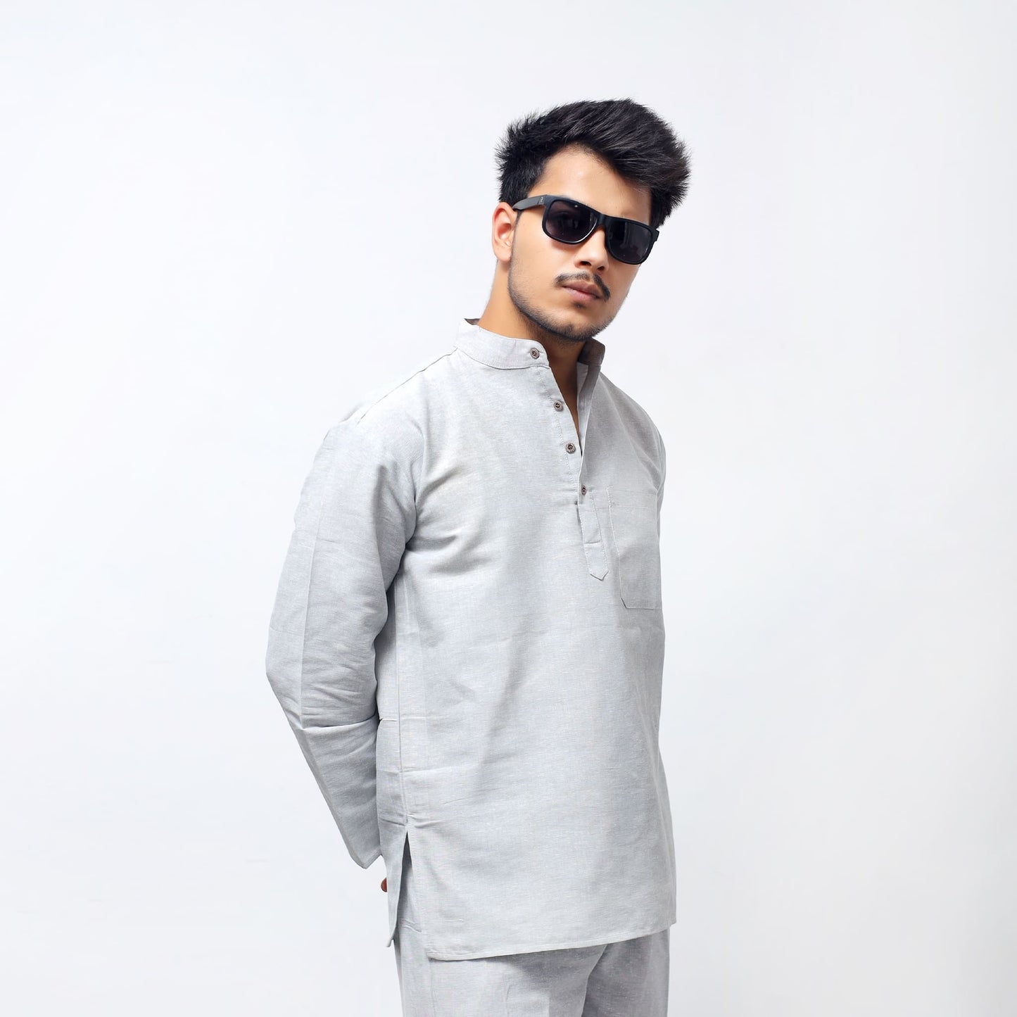 Grey Solid Full Sleeves Khadi Cotton Short Kurta angled look with modern fit and minimal design