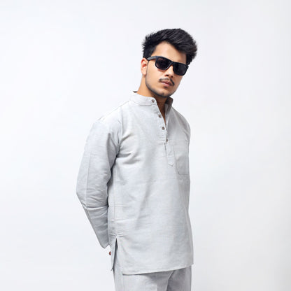 Grey Solid Full Sleeves Khadi Cotton Short Kurta angled look with modern fit and minimal design