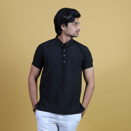 Black solid khadi cotton short kurta half sleeves front view men