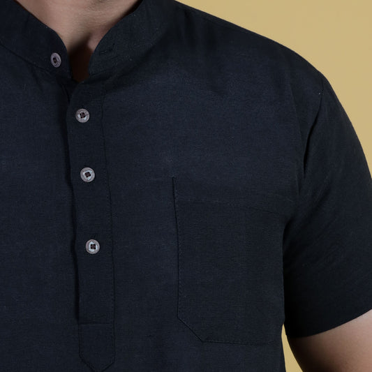 Close-up black khadi kurta mandarin collar and button placket