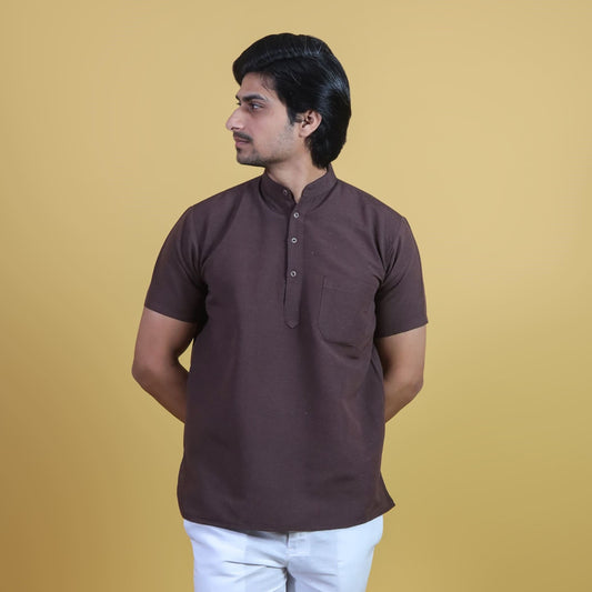 Brown solid khadi cotton short kurta half sleeves front view men
