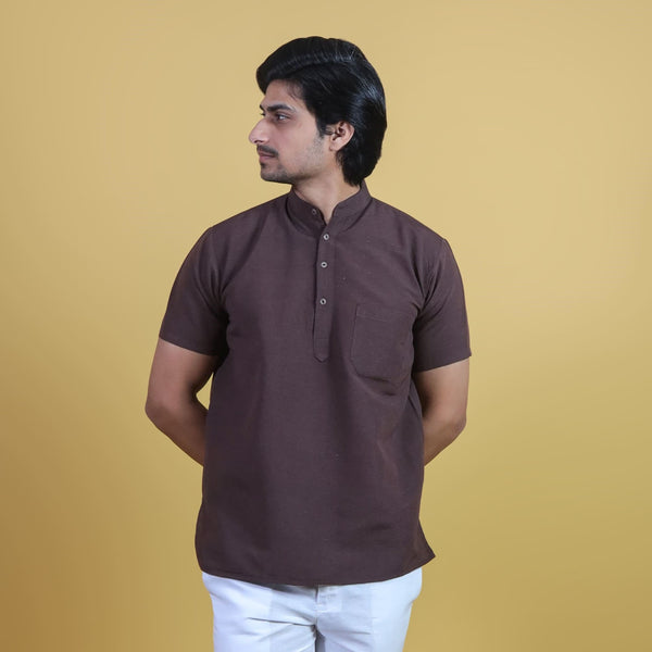 Brown solid khadi cotton short kurta half sleeves front view men