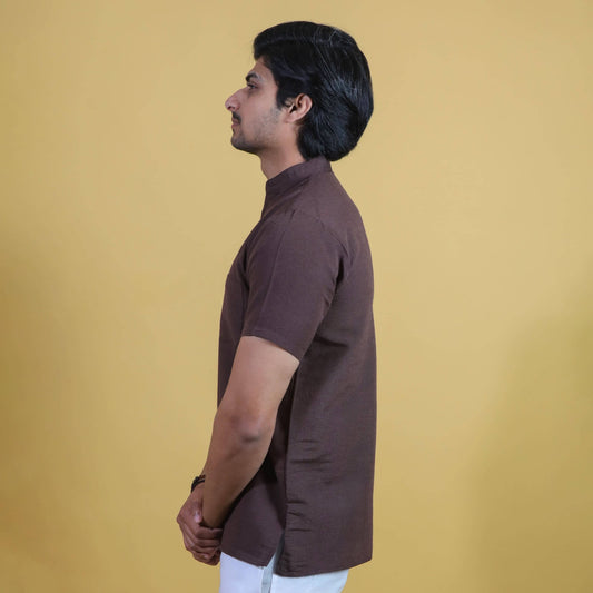 Side view brown half sleeves khadi cotton short kurta men