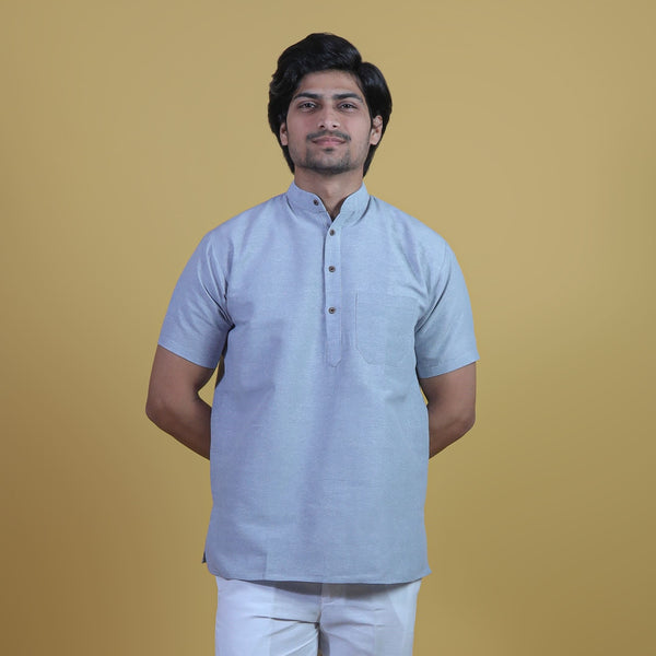 Grey solid khadi cotton short kurta half sleeves front view men