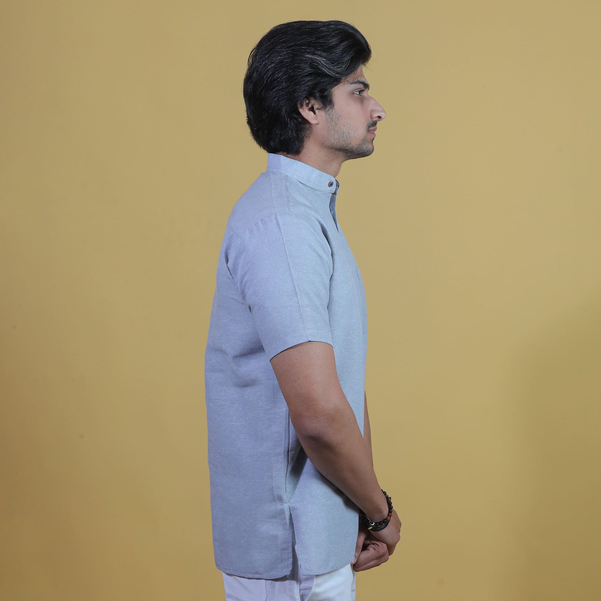 Side view grey half sleeves khadi cotton short kurta men