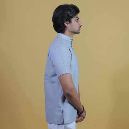 Side view grey half sleeves khadi cotton short kurta men