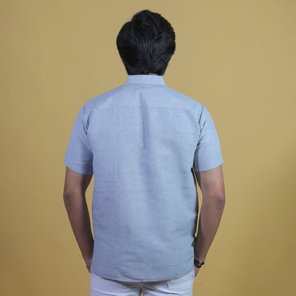 Back view grey solid khadi short kurta for men