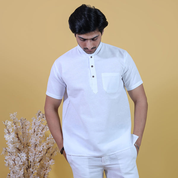 White solid khadi cotton short kurta half sleeves front view men