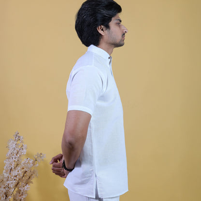Side view white half sleeves khadi cotton short kurta men