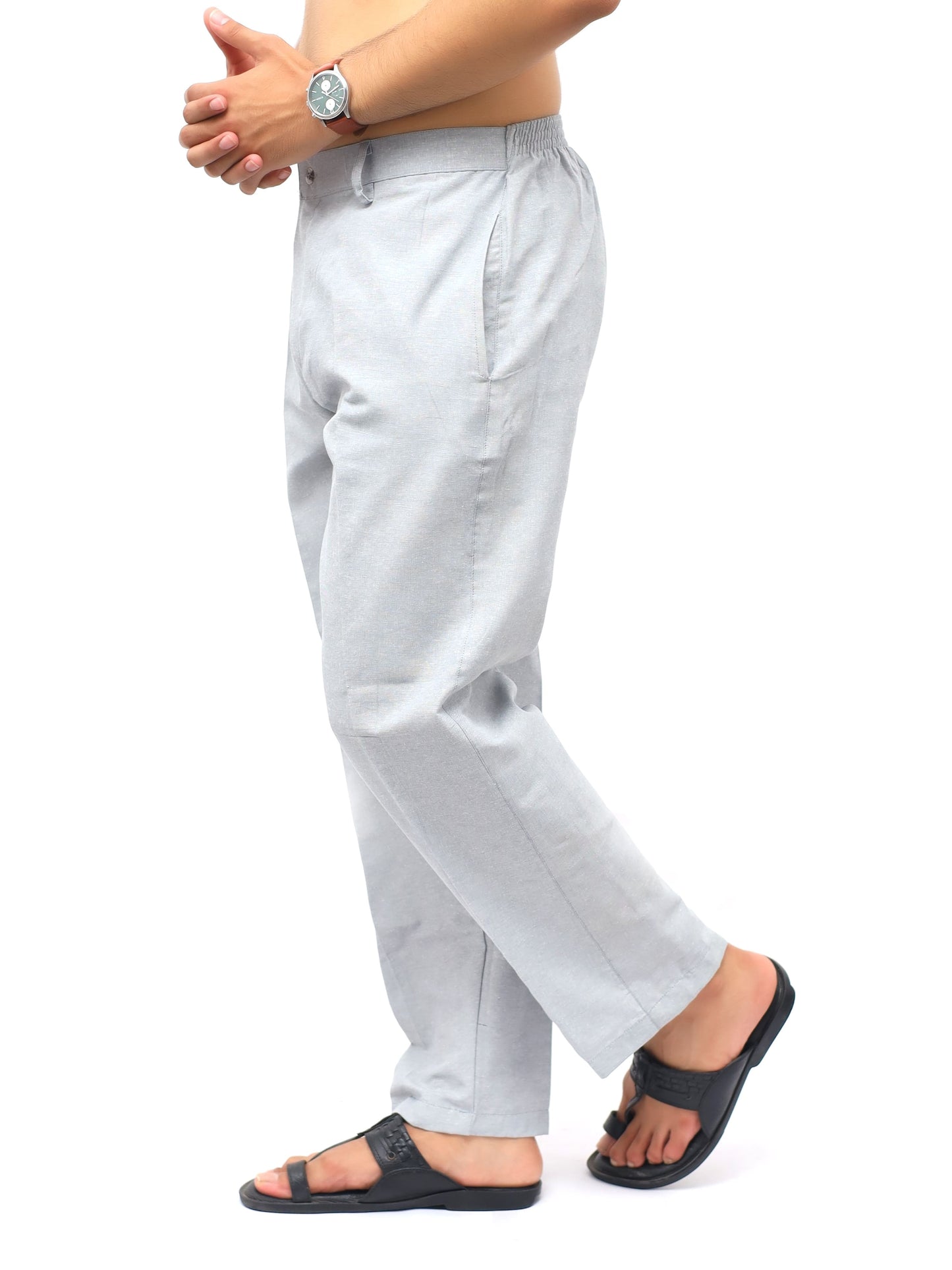 Khadi pants for men grey cotton walking pose slim fit