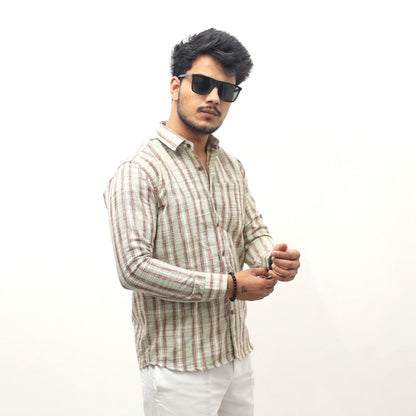 Green jharna stripe khadi cotton full sleeves shirt front view men