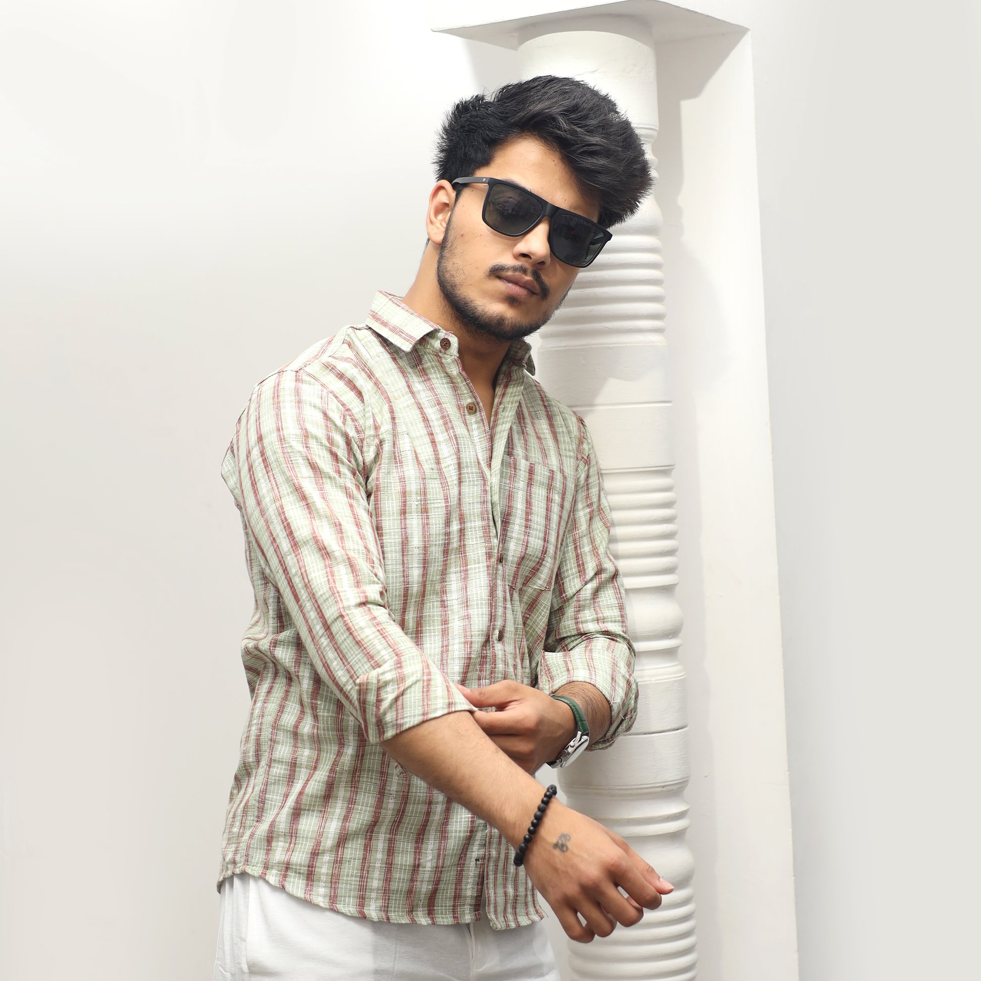 Green textured jharna stripe khadi shirt rolled sleeves casual look