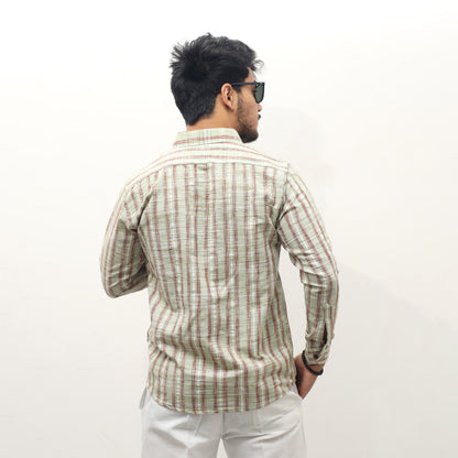 Back view green khadi cotton full sleeves striped shirt for men