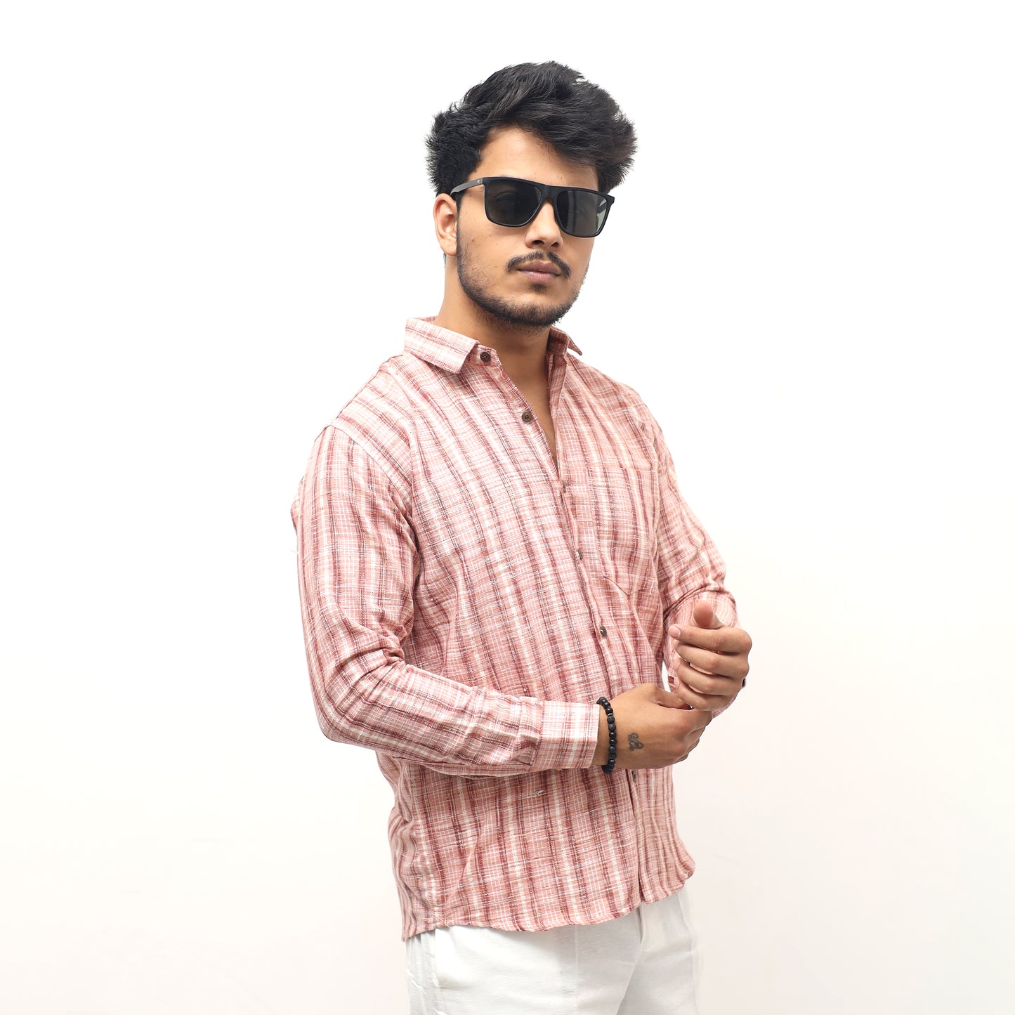 Pink khadi cotton jharna stripe shirt rolled sleeves lifestyle look