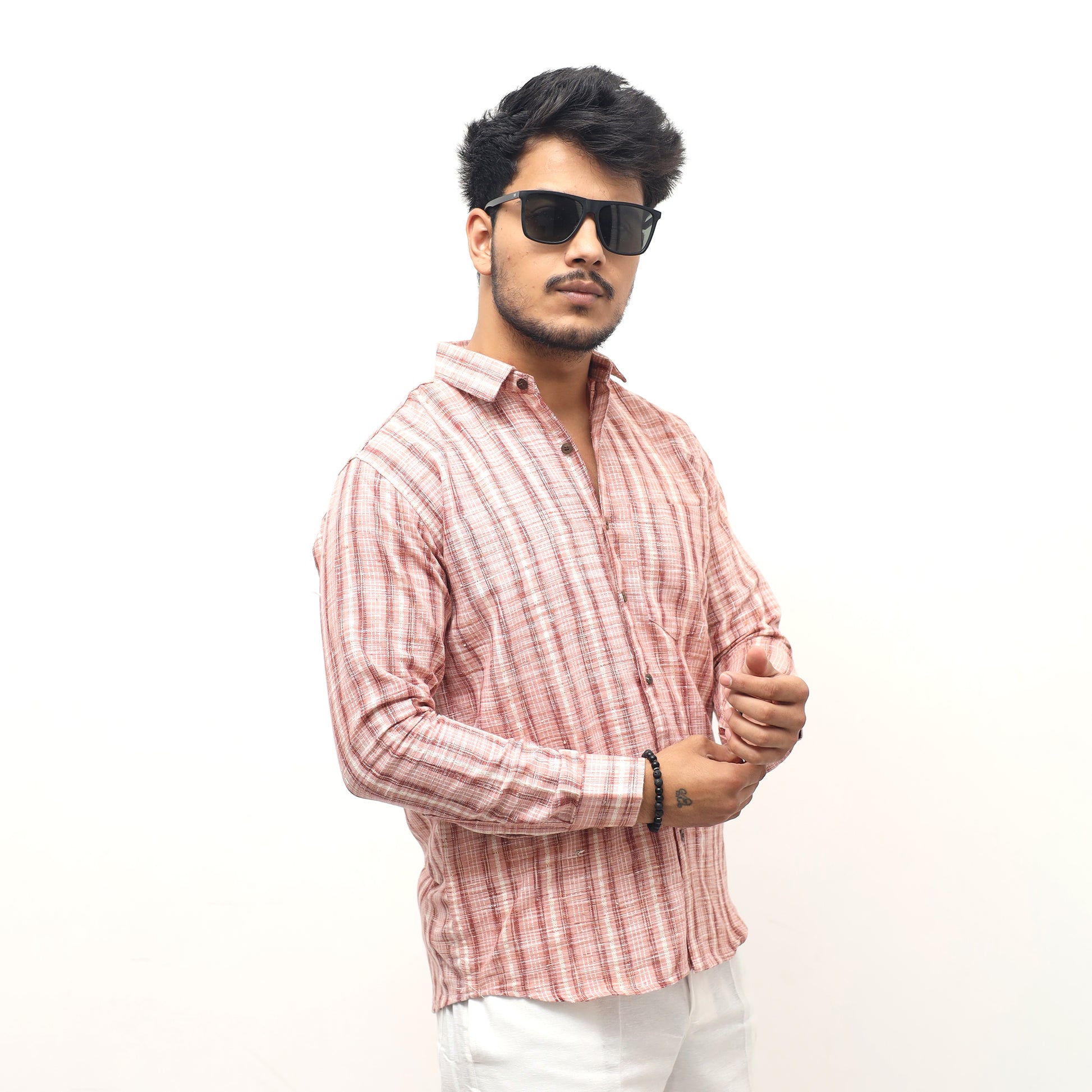 Pink khadi cotton jharna stripe shirt rolled sleeves lifestyle look