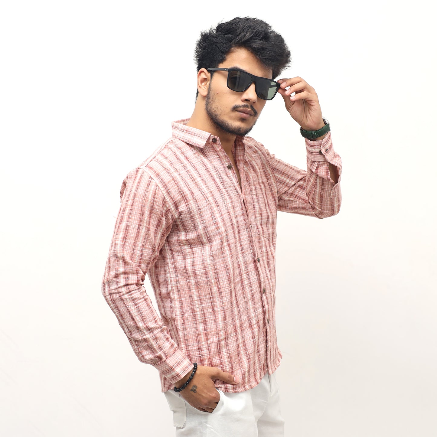 Pink jharna stripe khadi cotton full sleeves shirt front view men