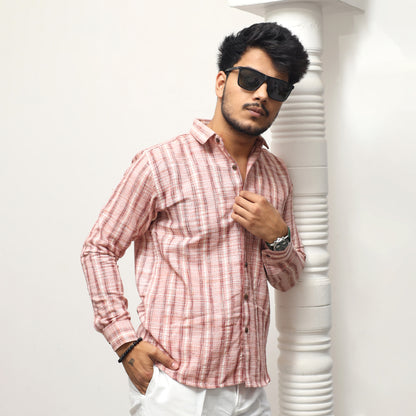 Pink striped khadi shirt men casual styling with sunglasses
