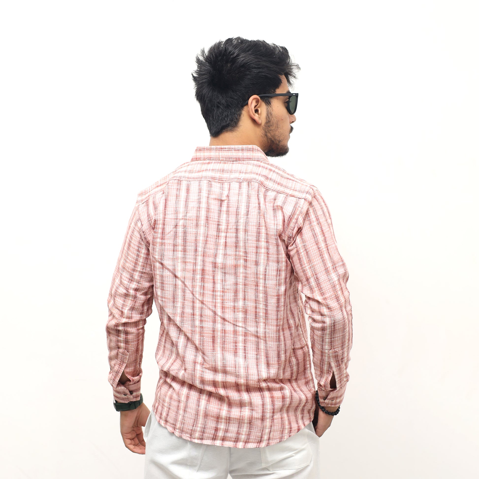 Back view pink jharna stripe khadi shirt for men