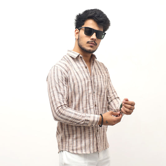 beige jharna stripe khadi shirt for men breathable cotton full sleeves