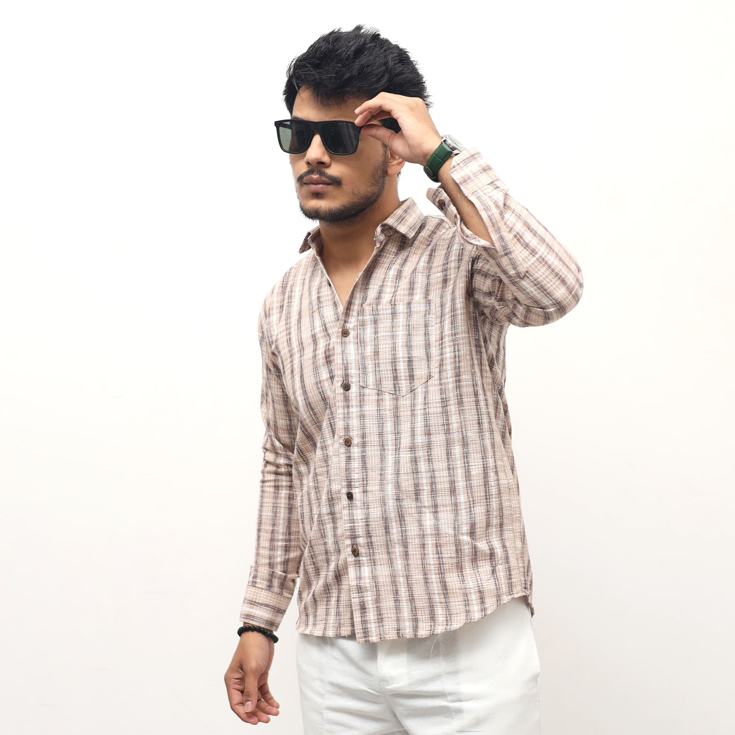 beige jharna stripe khadi cotton full sleeves shirt for men front view
