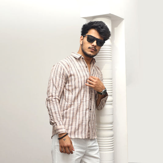 men wearing beige khadi cotton jharna stripe shirt casual look