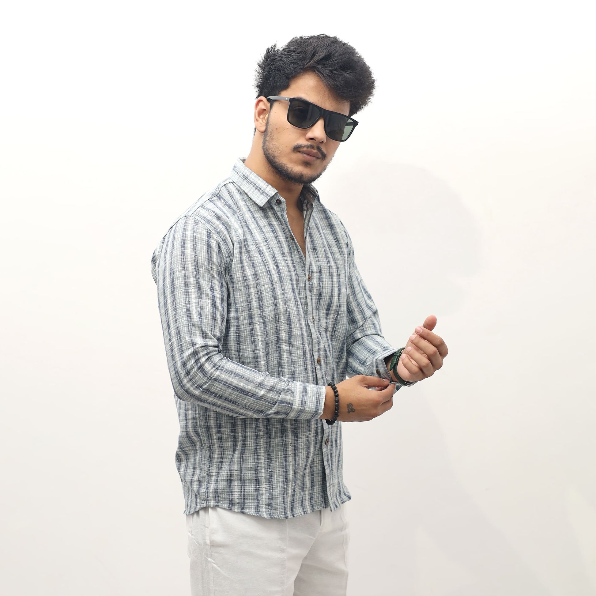 Grey Jharna stripe khadi cotton full sleeves shirt front view for men