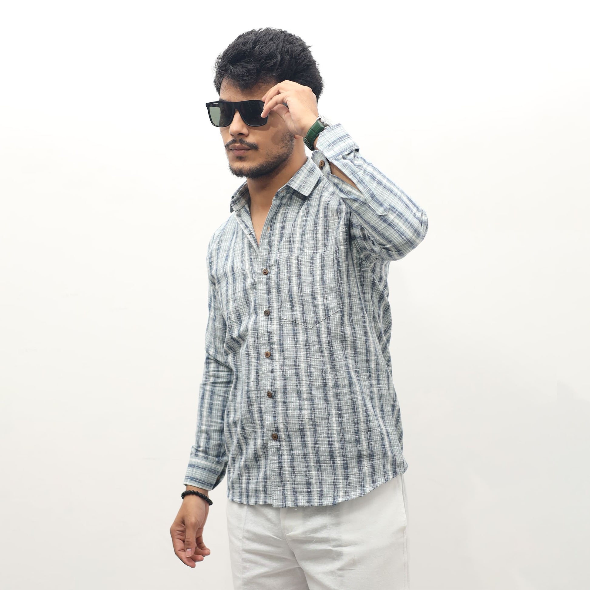 Grey khadi cotton shirt with Jharna stripe pattern side styling look