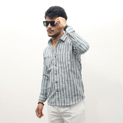 Grey khadi cotton shirt with Jharna stripe pattern side styling look