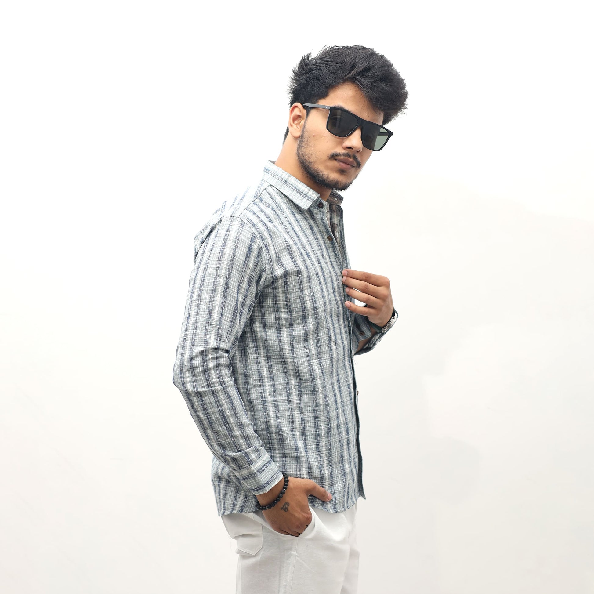 Men’s grey Jharna stripe shirt breathable khadi cotton close fit