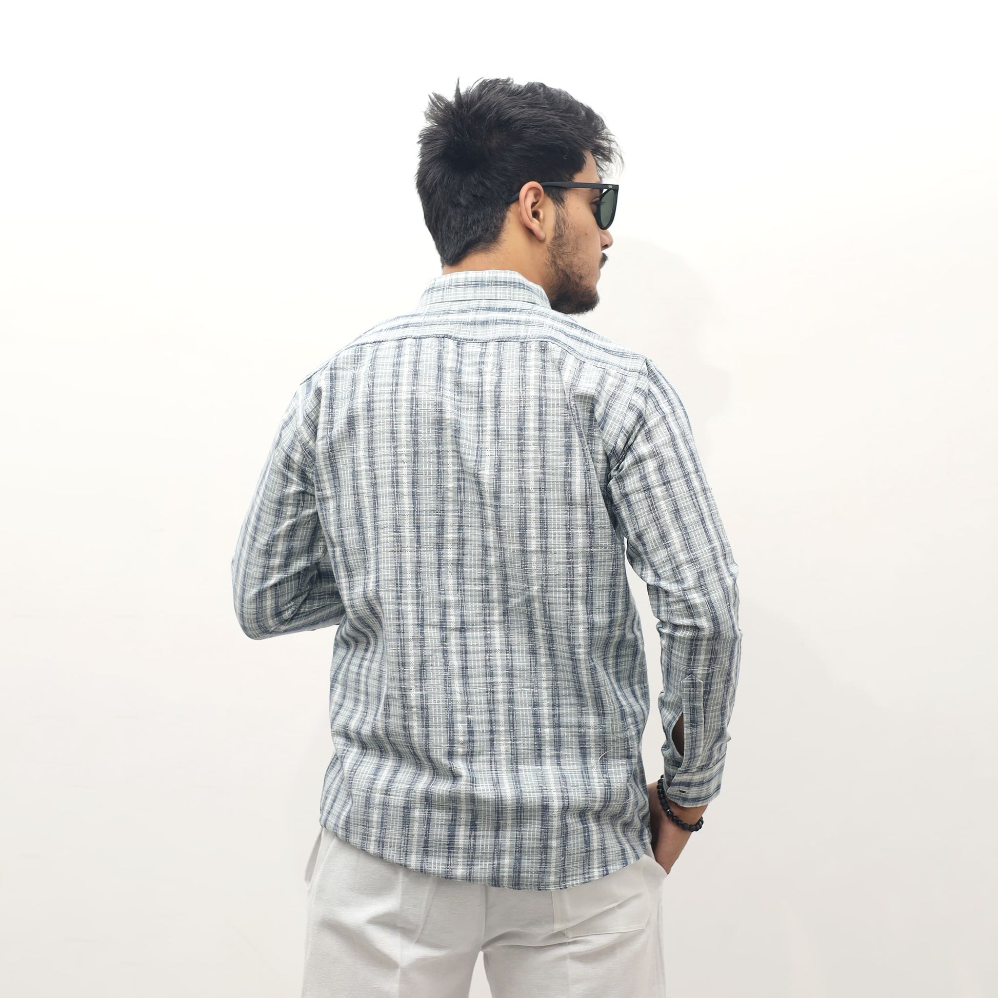Grey khadi full sleeves shirt back view Jharna stripe pattern