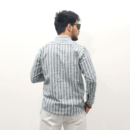 Grey khadi full sleeves shirt back view Jharna stripe pattern