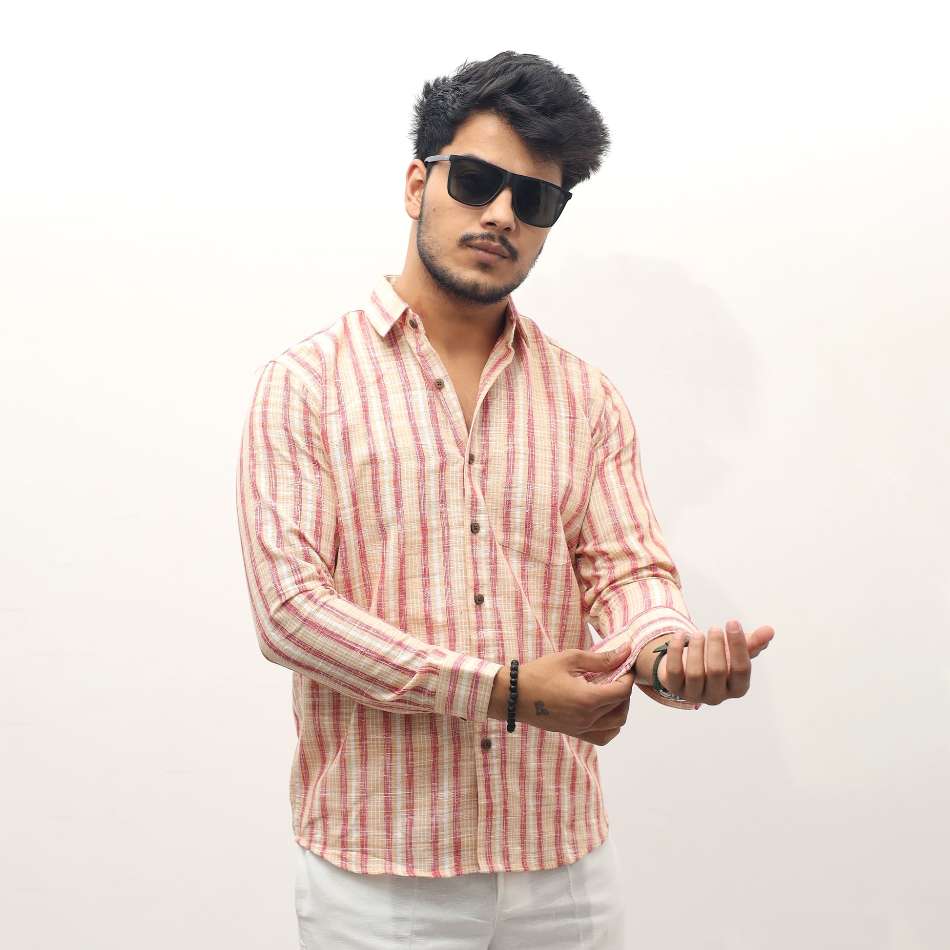 Orange jharna stripe khadi cotton full sleeves shirt front view men