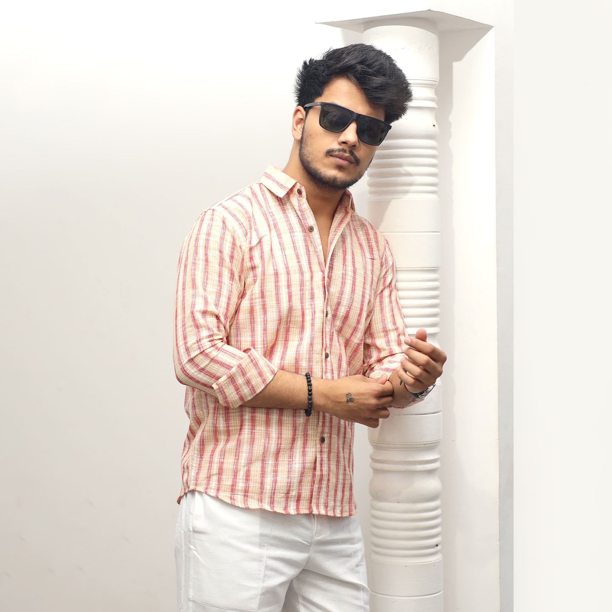 Orange khadi cotton jharna stripe shirt rolled sleeves casual look