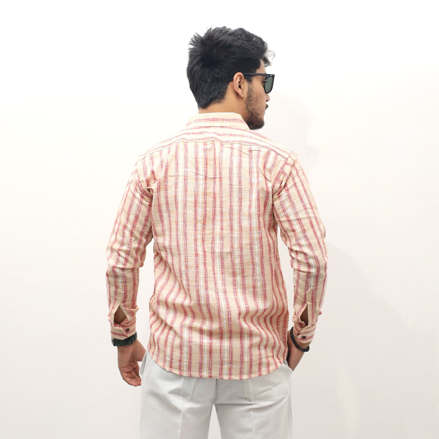 Back view orange jharna stripe khadi shirt for men
