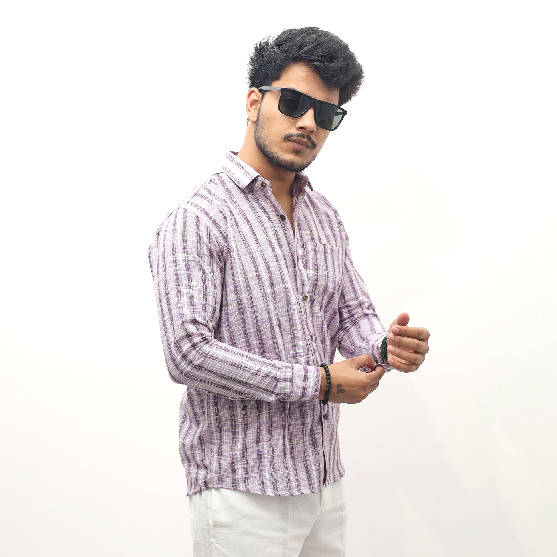 Purple jharna stripe khadi cotton full sleeves shirt front view men