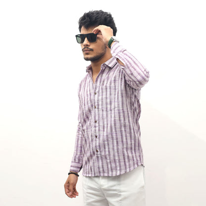 Purple striped khadi shirt men casual look with sunglasses
