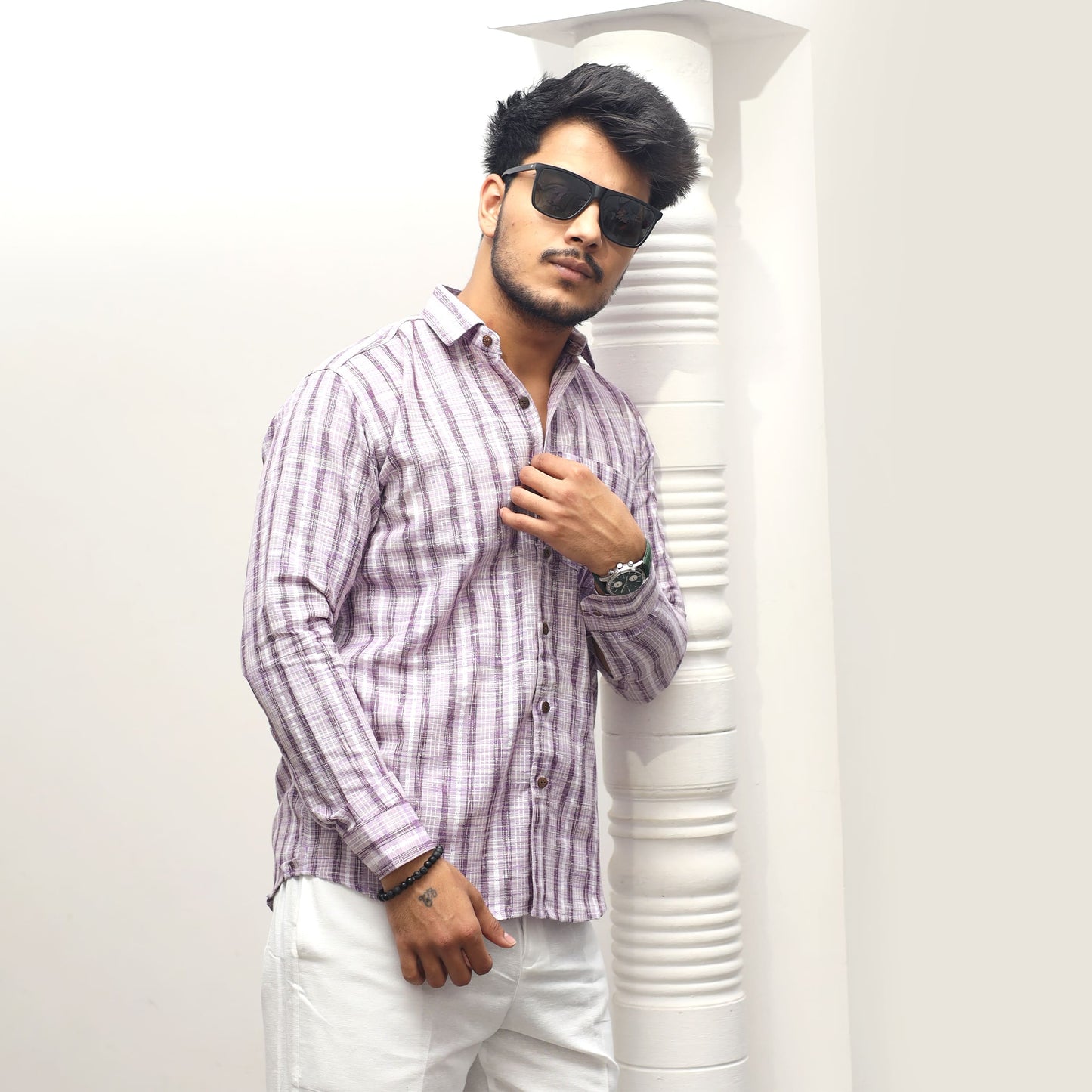 Purple khadi cotton jharna stripe shirt lifestyle styling