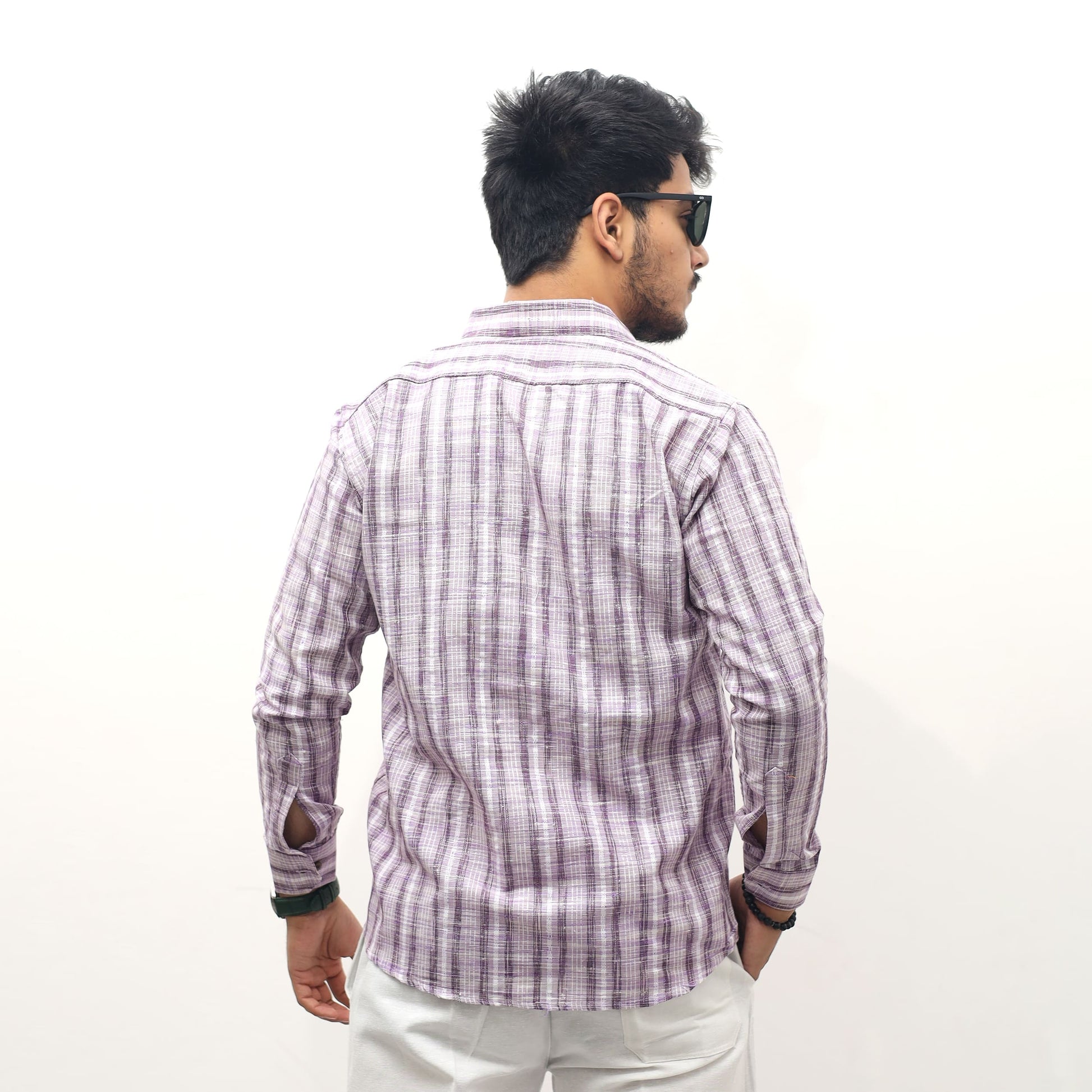 Back view purple jharna stripe khadi shirt for men