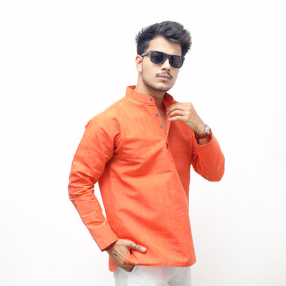 Orange Thread Lines Full Sleeves Short Kurta front view with sunglasses