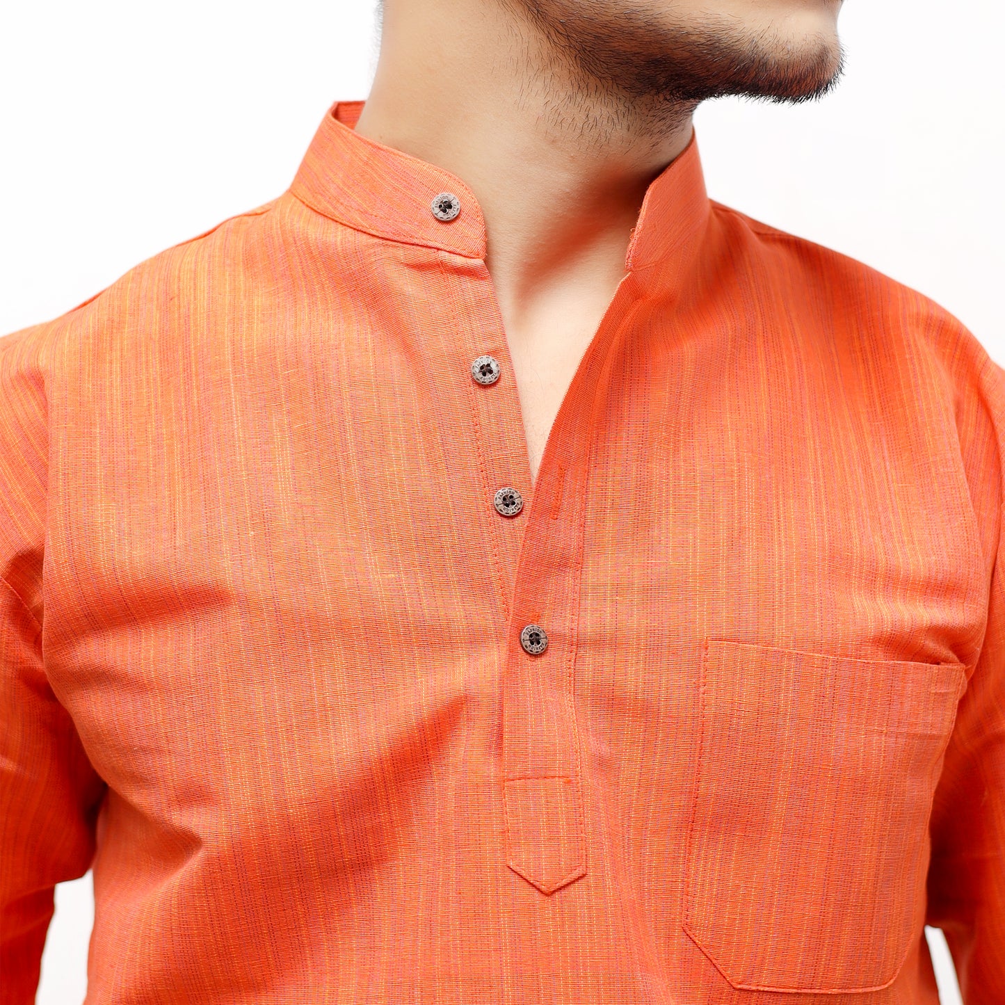 Orange cotton short kurta mandarin collar detail close-up