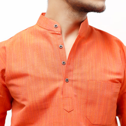Orange cotton short kurta mandarin collar detail close-up