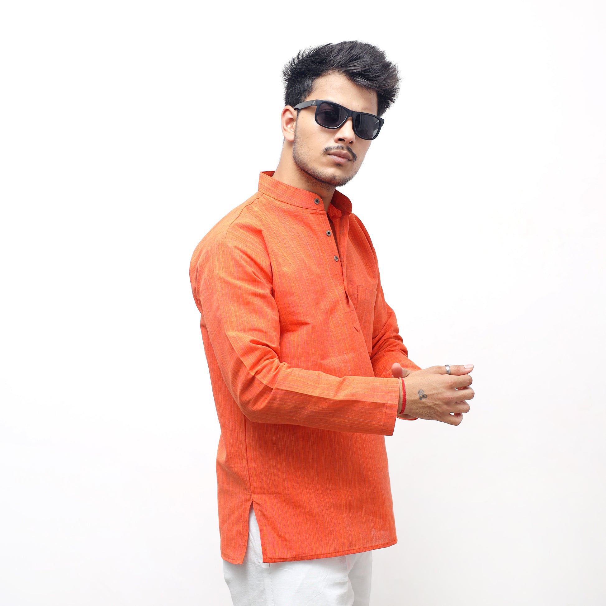 Orange thread lines kurta side angle casual wear look