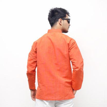 Orange full sleeves khadi cotton kurta model walking casual ethnic outfit