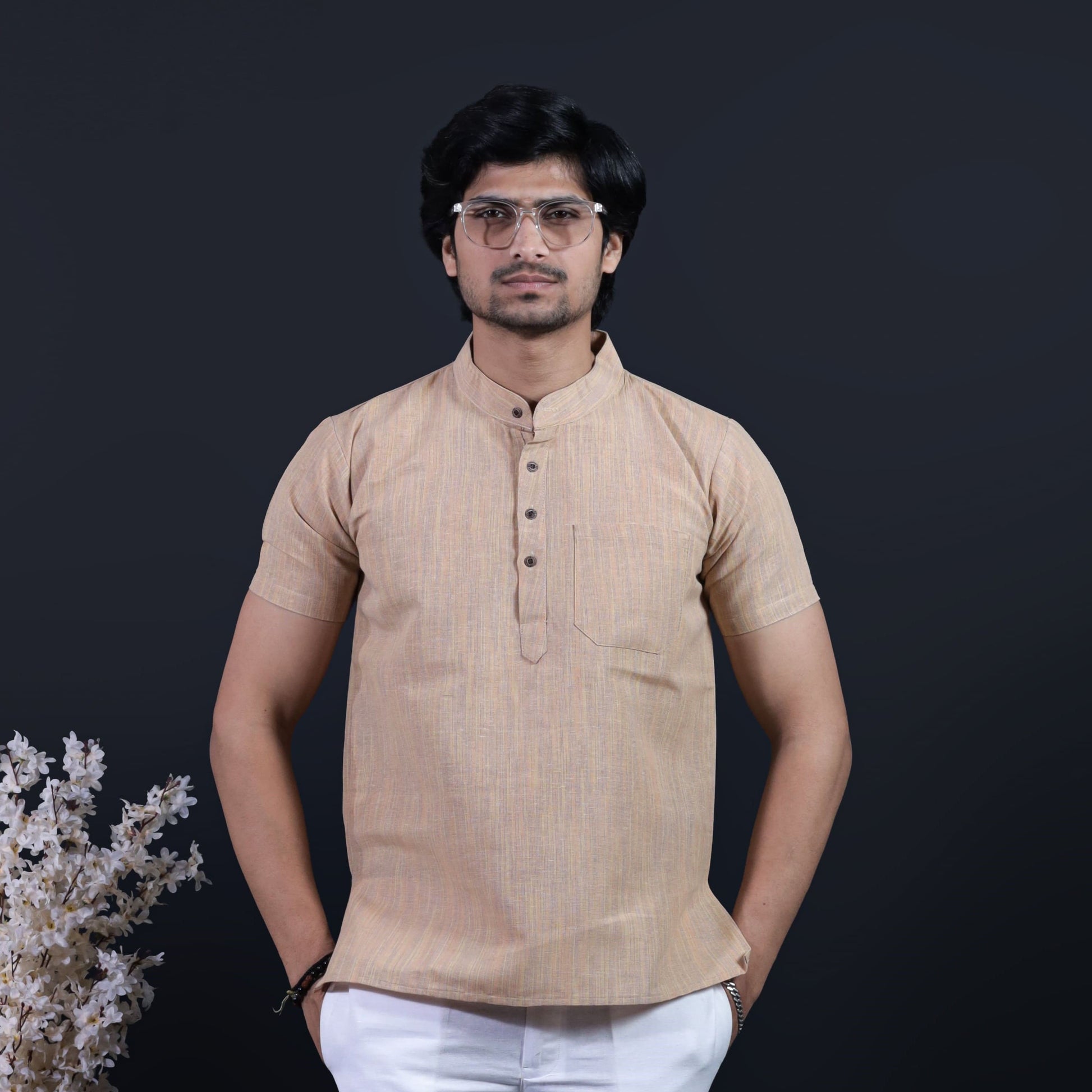 Beige Color Thread Line Half Sleeves Kurta for Men by Kargham